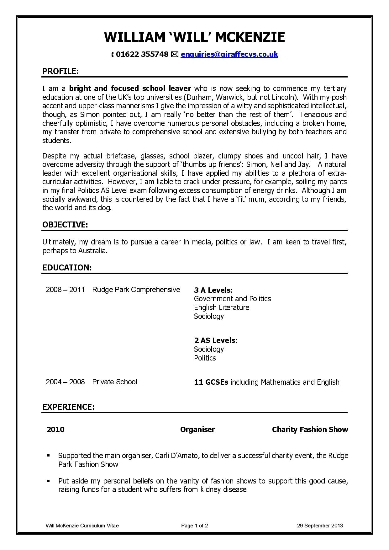 Will McKenzie's CV, The Inbetweeners - Giraffe CVs